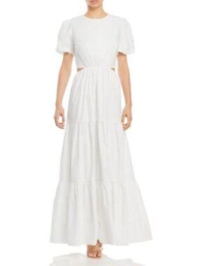 WAYF Plaza Maxi Dress Sz MEDIUM Cut Out Tiered White Cotton Spandex Party Beach